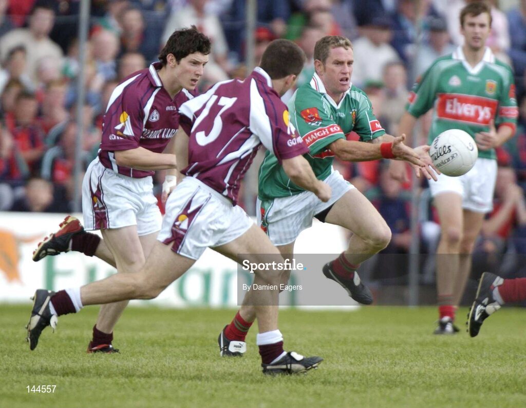 27 June 2004; Gary Ruane, Mayo, in action against Derek Savage, 13, and Michael Meehan, Galway. Bank of Ireland Connacht Senior Football Championship Semi-Final, Mayo v Galway, McHale Park, Castlebar, Co. Mayo. Picture credit; Damien Eagers / SPORTSFILE