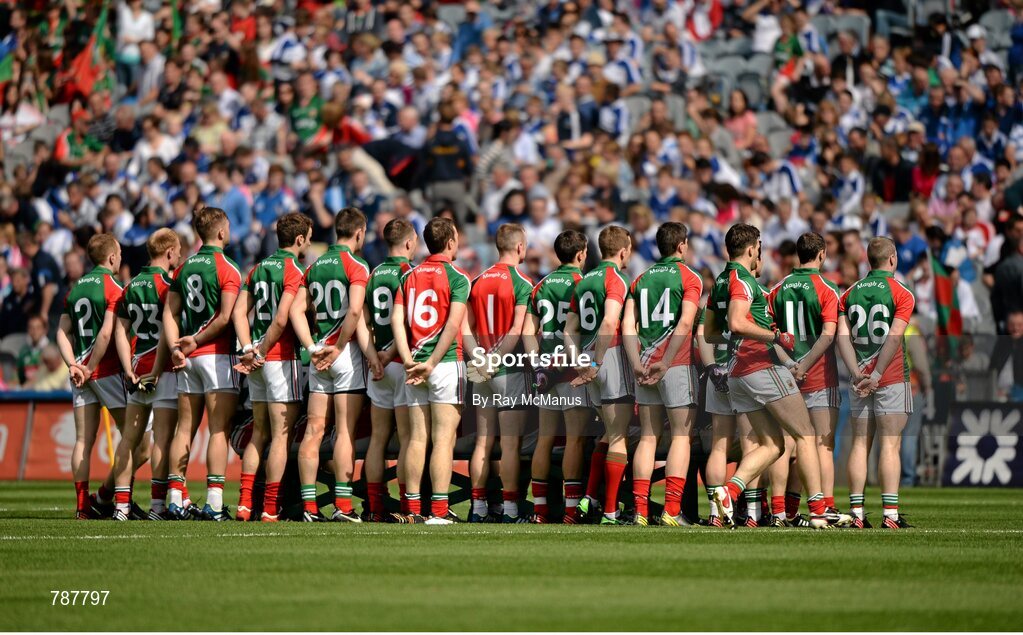 25 August 2013; The Mayo team stand for the team photograph. GAA Football All-Ireland Senior Championship Semi-Final, Mayo v Tyrone, Croke Park, Dublin. Picture credit: Ray McManus / SPORTSFILE