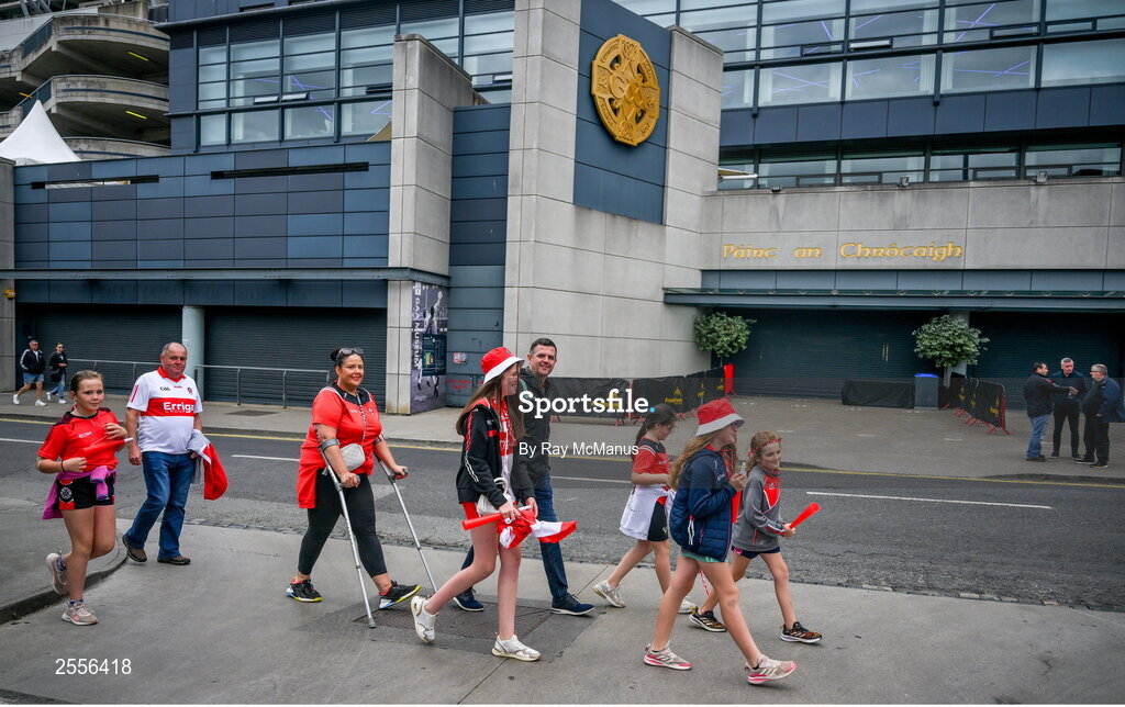 2 July 2023; Derry supporters walk along Jones Road before the GAA Football All-Ireland Senior Championship quarter-final match between Derry and Cork at Croke Park in Dublin. Photo by Ray McManus/Sportsfile