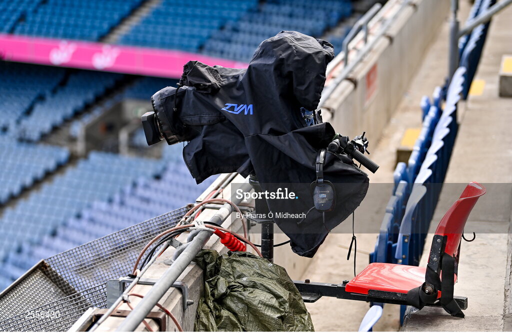 2 July 2023; A TV camera position at the GAA Football All-Ireland Senior Championship quarter-final match between Derry and Cork at Croke Park in Dublin. Photo by Piaras Ó Mídheach/Sportsfile