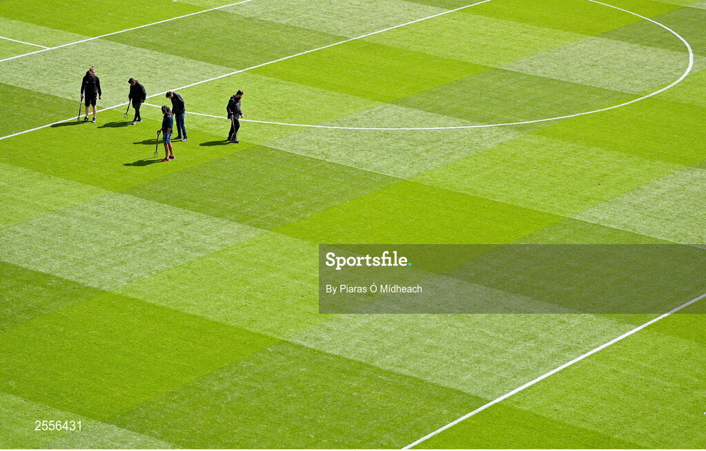 2 July 2023; Groundskeepers tend to the pitch before the GAA Football All-Ireland Senior Championship quarter-final match between Derry and Cork at Croke Park in Dublin. Photo by Piaras Ó Mídheach/Sportsfile