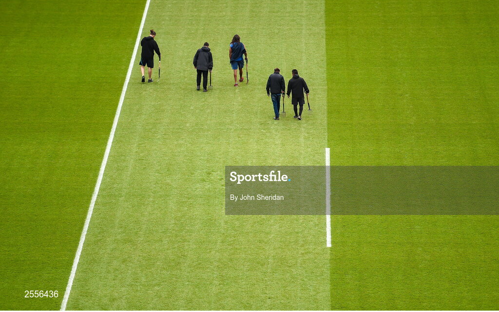 2 July 2023; Members of the Croke Park staff attend to the pitch before the GAA Football All-Ireland Senior Championship quarter-final match between Derry and Cork at Croke Park in Dublin. Photo by John Sheridan/Sportsfile