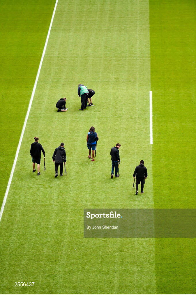 2 July 2023; Members of the Croke Park staff attend to the pitch before the GAA Football All-Ireland Senior Championship quarter-final match between Derry and Cork at Croke Park in Dublin. Photo by John Sheridan/Sportsfile