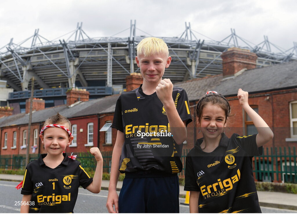 2 July 2023; Derry supporters, from left, Tiernan, Tom and Clodagh from Bellaghy Wolfe Tones GAA club before the GAA Football All-Ireland Senior Championship quarter-final match between Derry and Cork at Croke Park in Dublin. Photo by John Sheridan/Sportsfile