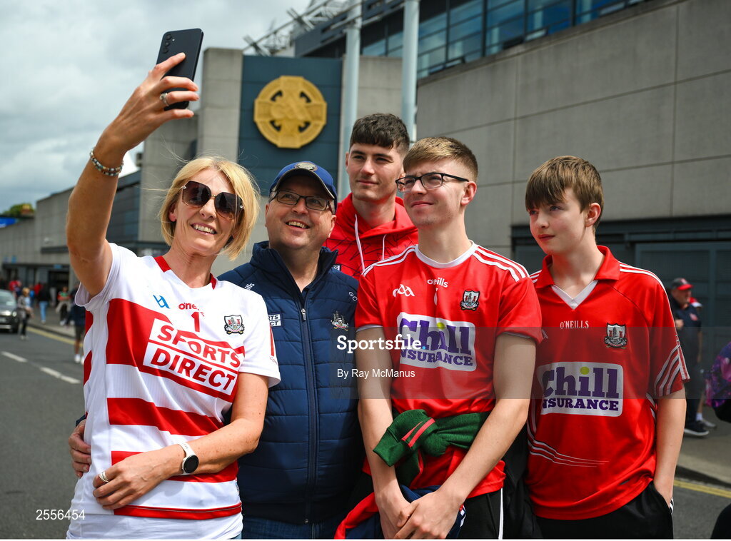 2 July 2023; Cork supporters Helen, Ger, Gavin, Ben and Cian Creedon, from Mallow, outside Croke Park before the GAA Football All-Ireland Senior Championship quarter-final match between Derry and Cork at Croke Park in Dublin. Photo by Ray McManus/Sportsfile