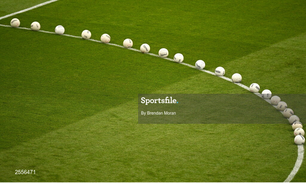 2 July 2023; Footballs are lined up for a warm up before the GAA Football All-Ireland Senior Championship quarter-final match between Derry and Cork at Croke Park in Dublin. Photo by Brendan Moran/Sportsfile