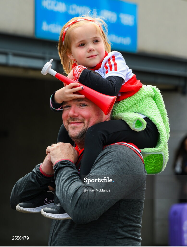 2 July 2023; Derry supporters Aaron and five year old Rioghach McIntyre, from Dungiven, before he GAA Football All-Ireland Senior Championship quarter-final match between Derry and Cork at Croke Park in Dublin. Photo by Ray McManus/Sportsfile