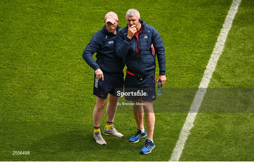 2 July 2023; Cork selectors Barry Corkery, left, and coach Kevin Walsh before the GAA Football All-Ireland Senior Championship quarter-final match between Derry and Cork at Croke Park in Dublin. Photo by Brendan Moran/Sportsfile