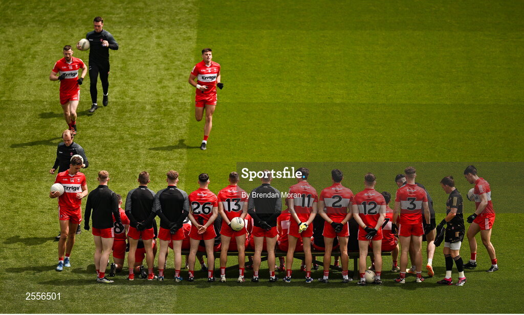 2 July 2023; The Derry team assemble for their team photograph before the GAA Football All-Ireland Senior Championship quarter-final match between Derry and Cork at Croke Park in Dublin. Photo by Brendan Moran/Sportsfile