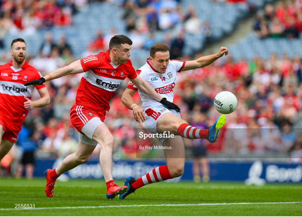 2 July 2023; Steven Sherlock of Cork in action against Gareth McKinless of Derry during the GAA Football All-Ireland Senior Championship quarter-final match between Derry and Cork at Croke Park in Dublin. Photo by Ray McManus/Sportsfile