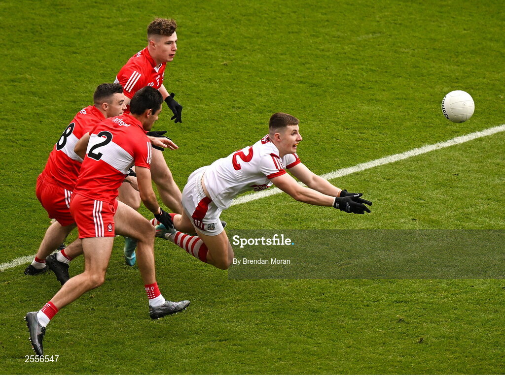 2 July 2023; Killian O'Hanlon of Cork in action against Dublin players, from left, Conor Glass, Christopher McKaigue and Eoghan McEvoy during the GAA Football All-Ireland Senior Championship quarter-final match between Derry and Cork at Croke Park in Dublin. Photo by Brendan Moran/Sportsfile