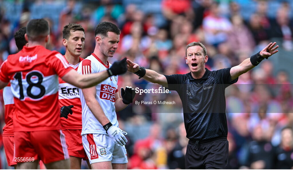 2 July 2023; Referee Joe McQuillan during the GAA Football All-Ireland Senior Championship quarter-final match between Derry and Cork at Croke Park in Dublin. Photo by Piaras Ó Mídheach/Sportsfile