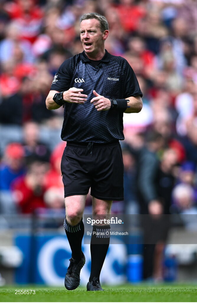 2 July 2023; Referee Joe McQuillan during the GAA Football All-Ireland Senior Championship quarter-final match between Derry and Cork at Croke Park in Dublin. Photo by Piaras Ó Mídheach/Sportsfile