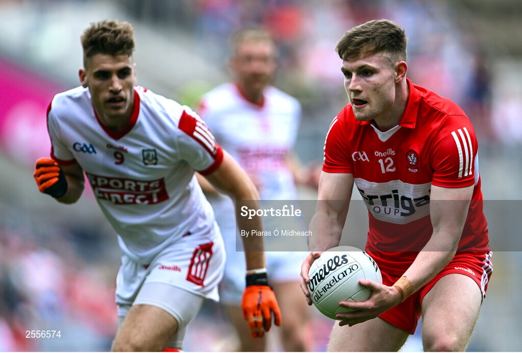 2 July 2023; Ethan Doherty of Derry in action against Ian Maguire of Cork during the GAA Football All-Ireland Senior Championship quarter-final match between Derry and Cork at Croke Park in Dublin. Photo by Piaras Ó Mídheach/Sportsfile