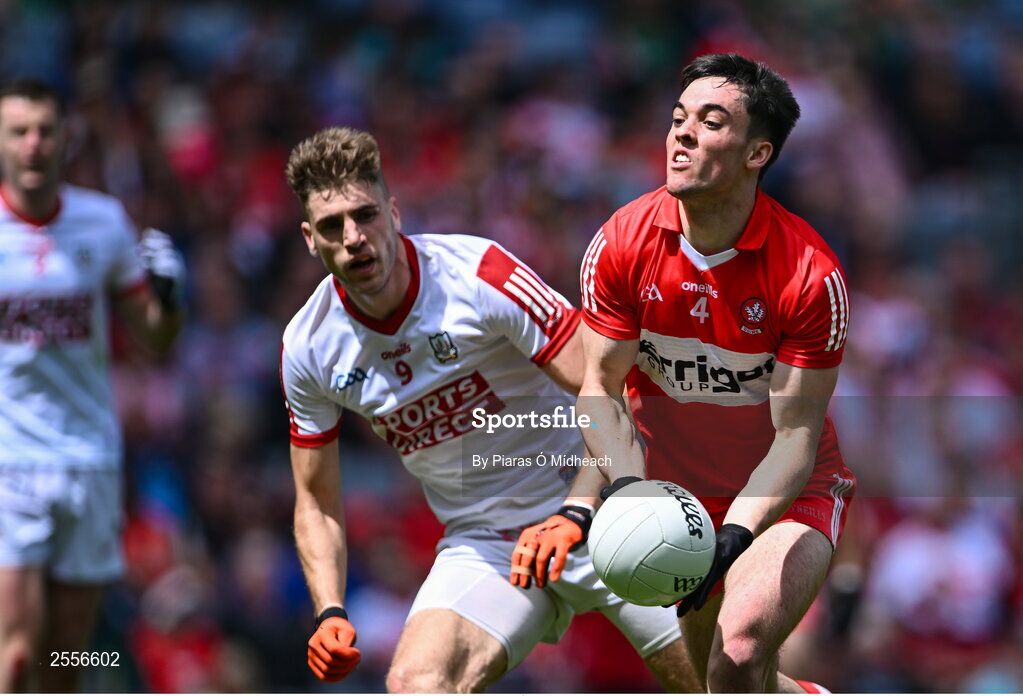 2 July 2023; Conor McCluskey of Derry in action against Ian Maguire of Cork during the GAA Football All-Ireland Senior Championship quarter-final match between Derry and Cork at Croke Park in Dublin. Photo by Piaras Ó Mídheach/Sportsfile