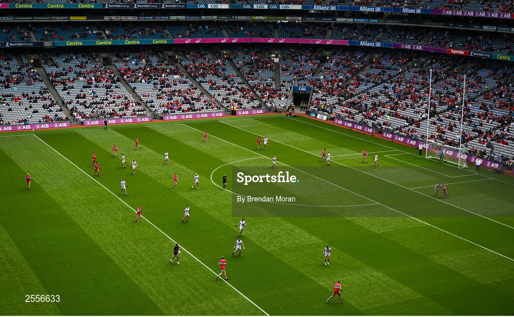 2 July 2023; All 30 players inside the Cork half as Derry goalkeeper Odhran Lynch brings the ball forward during the GAA Football All-Ireland Senior Championship quarter-final match between Derry and Cork at Croke Park in Dublin. Photo by Brendan Moran/Sportsfile