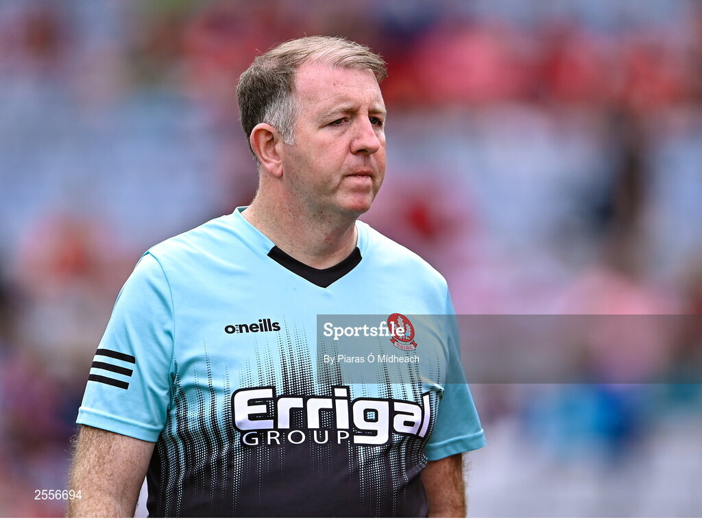 2 July 2023; Derry coach Ronan Gallagher before the GAA Football All-Ireland Senior Championship quarter-final match between Derry and Cork at Croke Park in Dublin. Photo by Piaras Ó Mídheach/Sportsfile