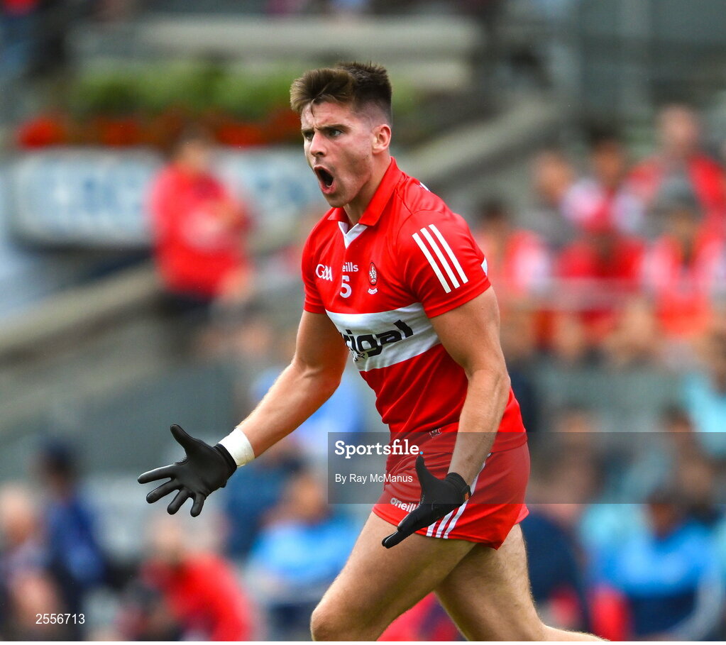 2 July 2023; Conor Doherty of Derry celebrates scoring a goal, in the 49th minute, during the GAA Football All-Ireland Senior Championship quarter-final match between Derry and Cork at Croke Park in Dublin. Photo by Ray McManus/Sportsfile
