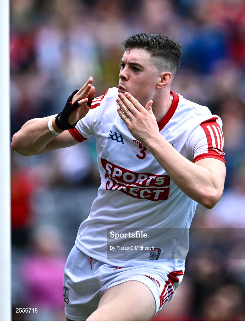 2 July 2023; Rory Maguire of Cork blows kisses to the crowd as he celebrates after scoring his side's first goal during the GAA Football All-Ireland Senior Championship quarter-final match between Derry and Cork at Croke Park in Dublin. Photo by Piaras Ó Mídheach/Sportsfile