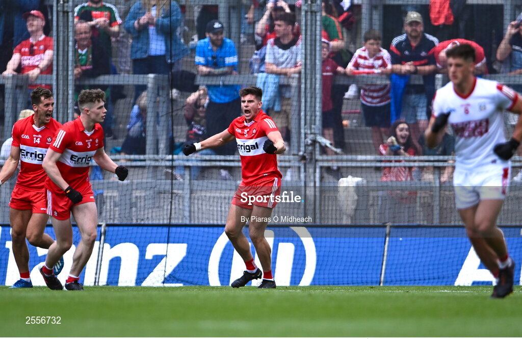 2 July 2023; Conor Doherty of Derry, 5, celebrates after scoring his side's first goal during the GAA Football All-Ireland Senior Championship quarter-final match between Derry and Cork at Croke Park in Dublin. Photo by Piaras Ó Mídheach/Sportsfile