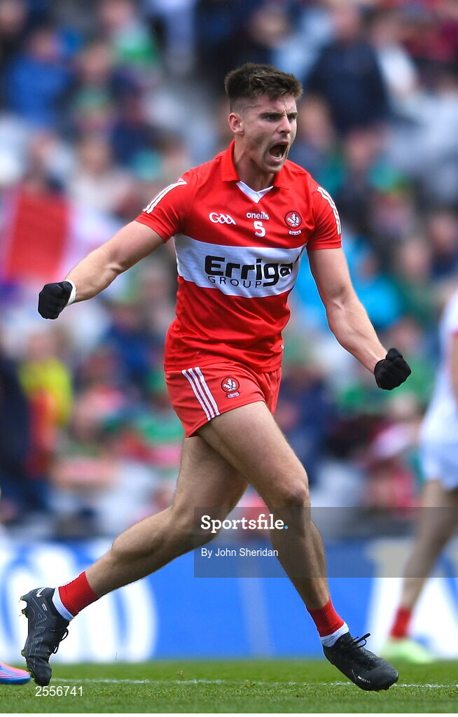 2 July 2023; Conor Doherty of Derry celebrates after scoring his side's first goal during the GAA Football All-Ireland Senior Championship quarter-final match between Derry and Cork at Croke Park in Dublin. Photo by John Sheridan/Sportsfile