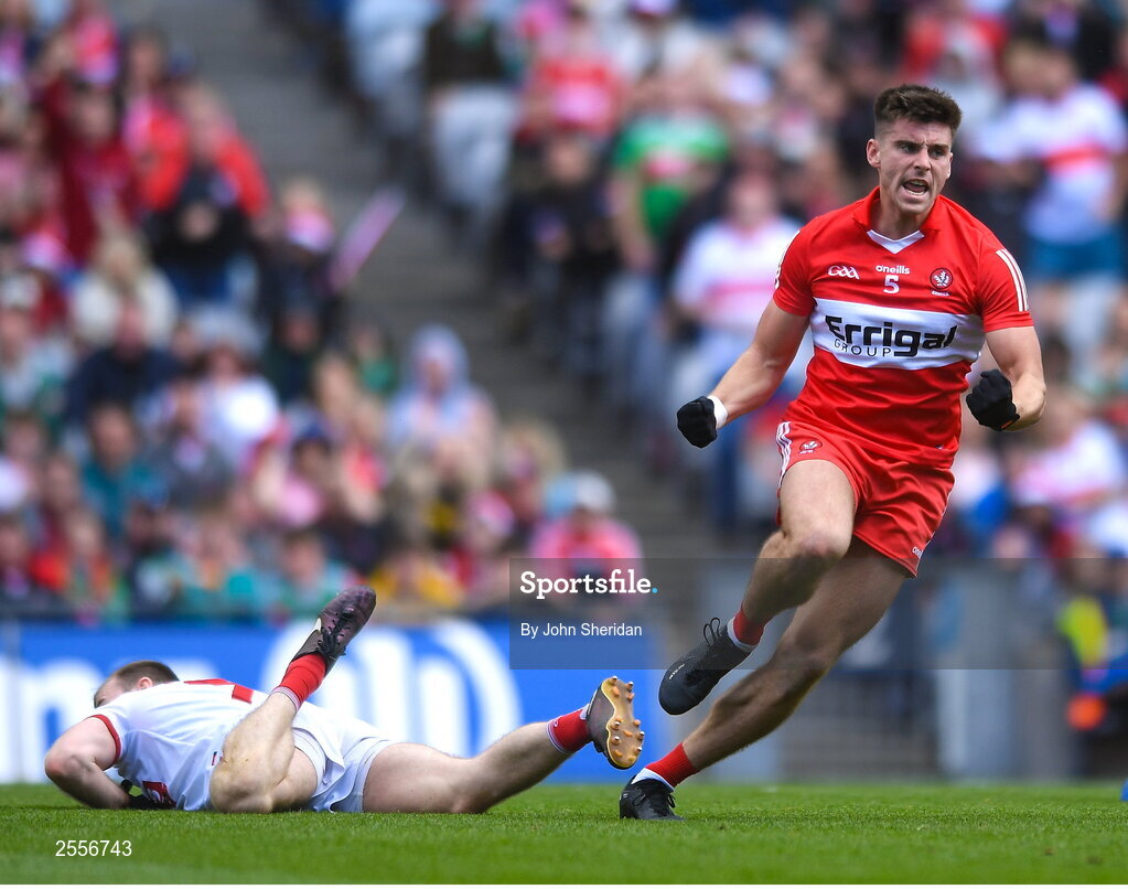 2 July 2023; Conor Doherty of Derry celebrates after scoring his side's first goal during the GAA Football All-Ireland Senior Championship quarter-final match between Derry and Cork at Croke Park in Dublin. Photo by John Sheridan/Sportsfile