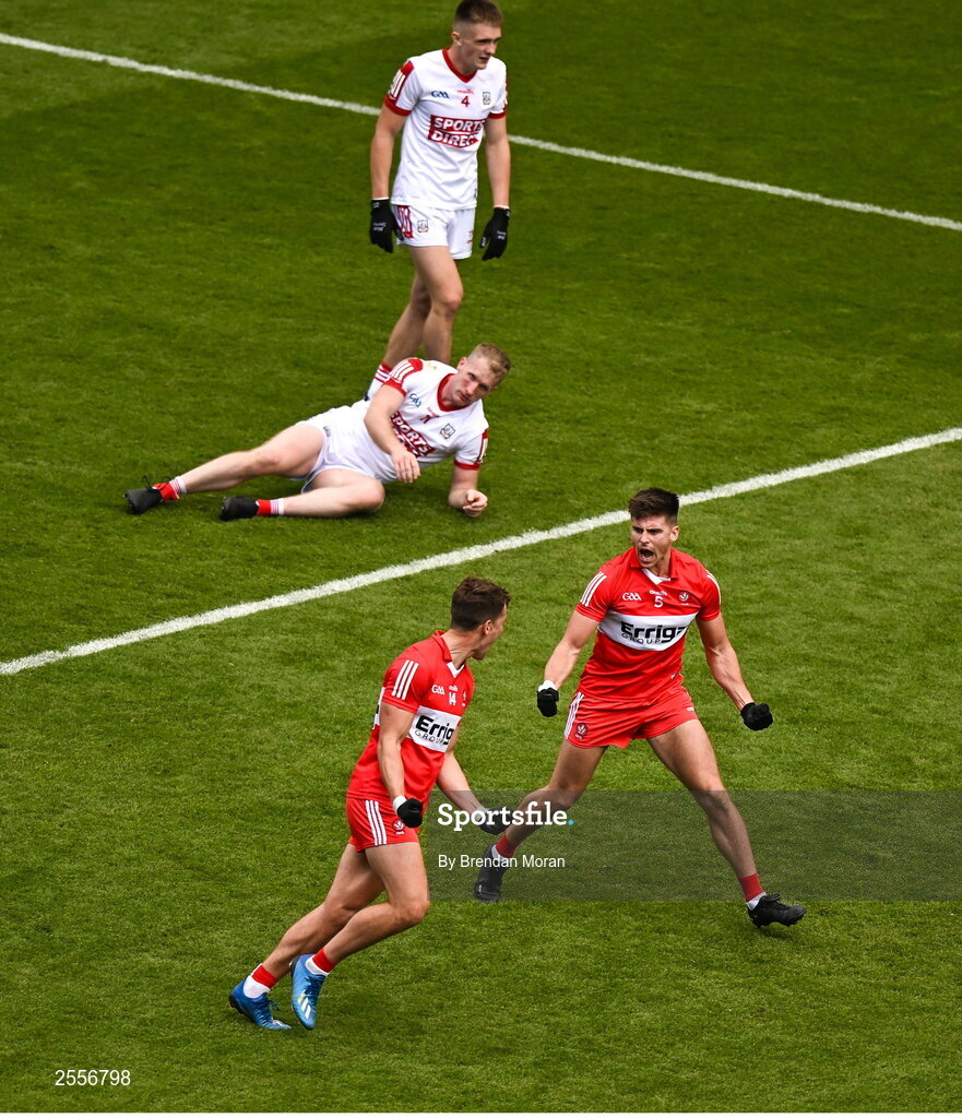 2 July 2023; Conor Doherty of Derry, right, celebrates with teammate Shane McGuigan after scoring their side's first goal during the GAA Football All-Ireland Senior Championship quarter-final match between Derry and Cork at Croke Park in Dublin. Photo by Brendan Moran/Sportsfile