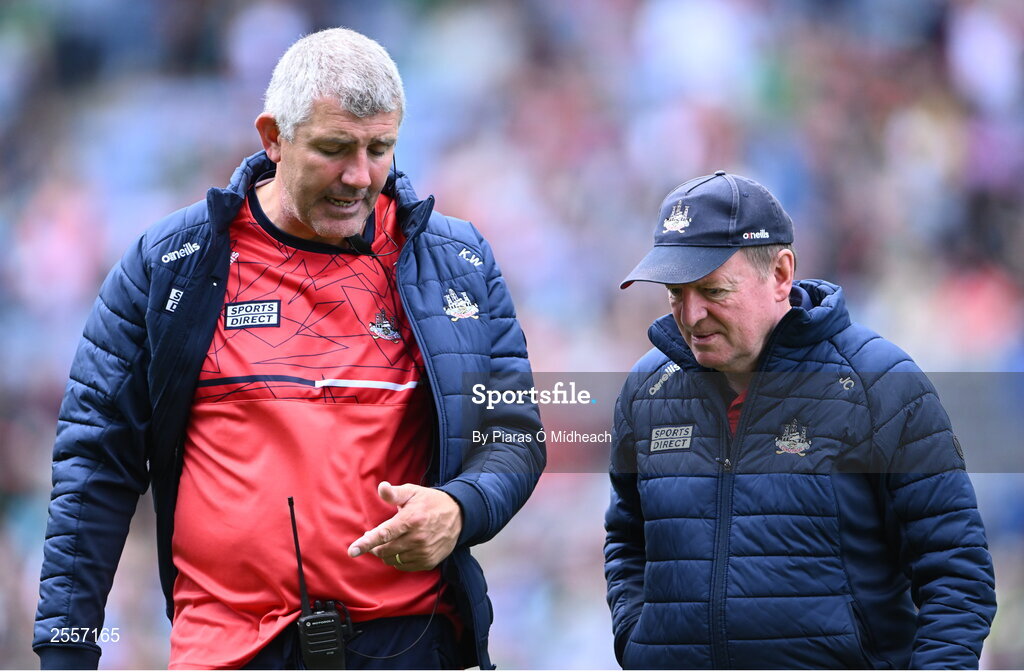 2 July 2023; Cork manager John Cleary, right, and his selector Kevin Walsh leave the pitch after their side's defeat in the GAA Football All-Ireland Senior Championship quarter-final match between Derry and Cork at Croke Park in Dublin. Photo by Piaras Ó Mídheach/Sportsfile