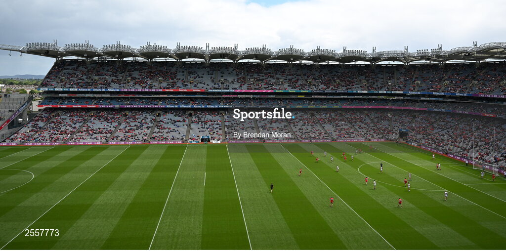 2 July 2023; All 30 players from both teams inside the 65 yard line in the Cork half of the pitch during the GAA Football All-Ireland Senior Championship quarter-final match between Derry and Cork at Croke Park in Dublin. Photo by Brendan Moran/Sportsfile