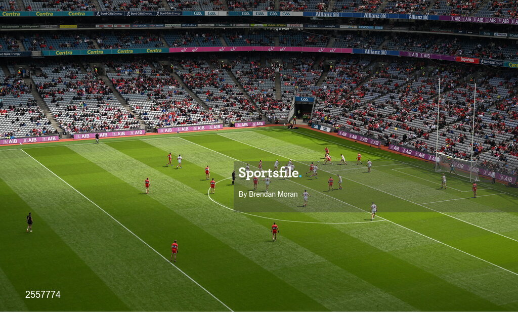 2 July 2023; All 30 players from both teams inside the 65 yard line in the Cork half of the pitch during the GAA Football All-Ireland Senior Championship quarter-final match between Derry and Cork at Croke Park in Dublin. Photo by Brendan Moran/Sportsfile