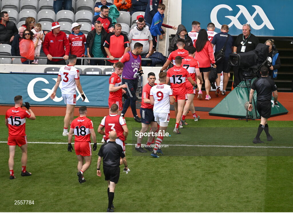 2 July 2023; The teams leave the pitch and go down the player's tunnel during the GAA Football All-Ireland Senior Championship quarter-final match between Derry and Cork at Croke Park in Dublin. Photo by Brendan Moran/Sportsfile