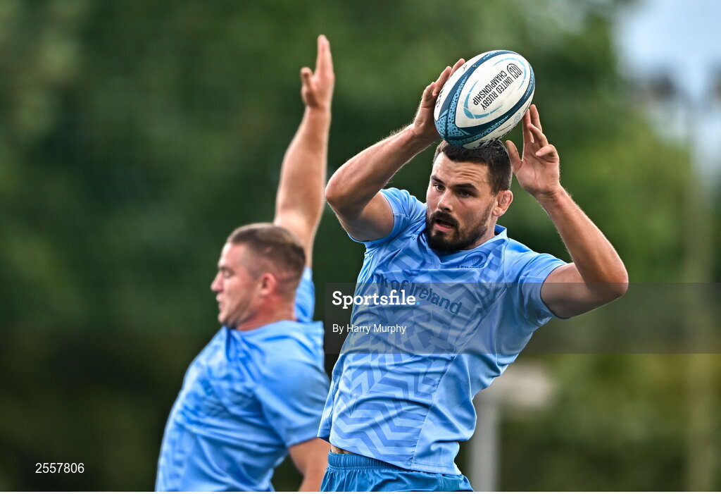 3 July 2023; Max Deegan, right, and Scott Penny during a Leinster Rugby squad training session at Energia Park in Dublin. Photo by Harry Murphy/Sportsfile