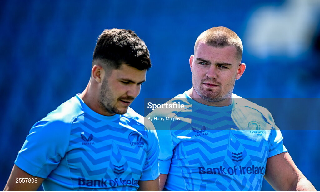 3 July 2023; Jack Boyle, right, and Chris Cosgrave during a Leinster Rugby squad training session at Energia Park in Dublin. Photo by Harry Murphy/Sportsfile