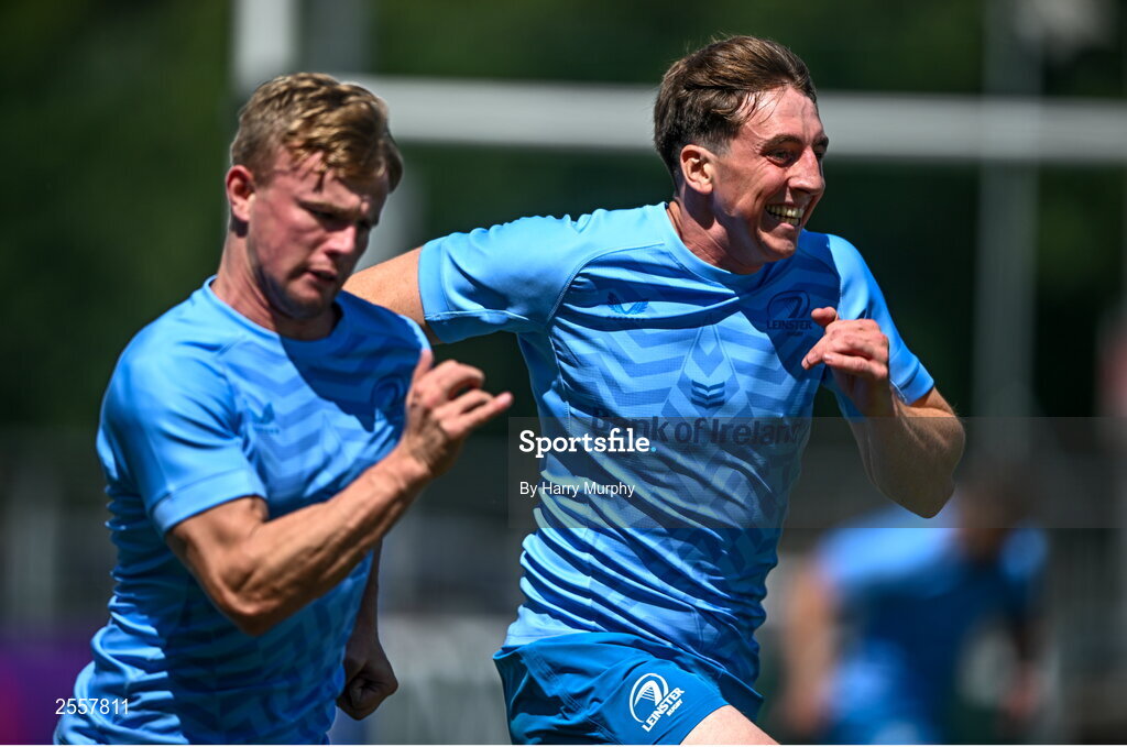 3 July 2023; Charlie Tector, right, and Ben Murphy during a Leinster Rugby squad training session at Energia Park in Dublin. Photo by Harry Murphy/Sportsfile