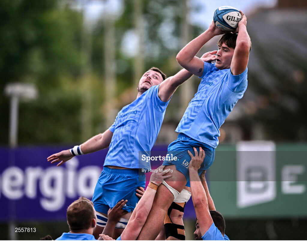 3 July 2023; Brian Deeny, right, and Will Connors during a Leinster Rugby squad training session at Energia Park in Dublin. Photo by Harry Murphy/Sportsfile
