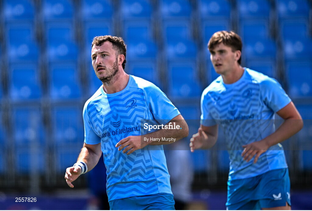 3 July 2023; Will Connors, left, and Brian Deeny during a Leinster Rugby squad training session at Energia Park in Dublin. Photo by Harry Murphy/Sportsfile