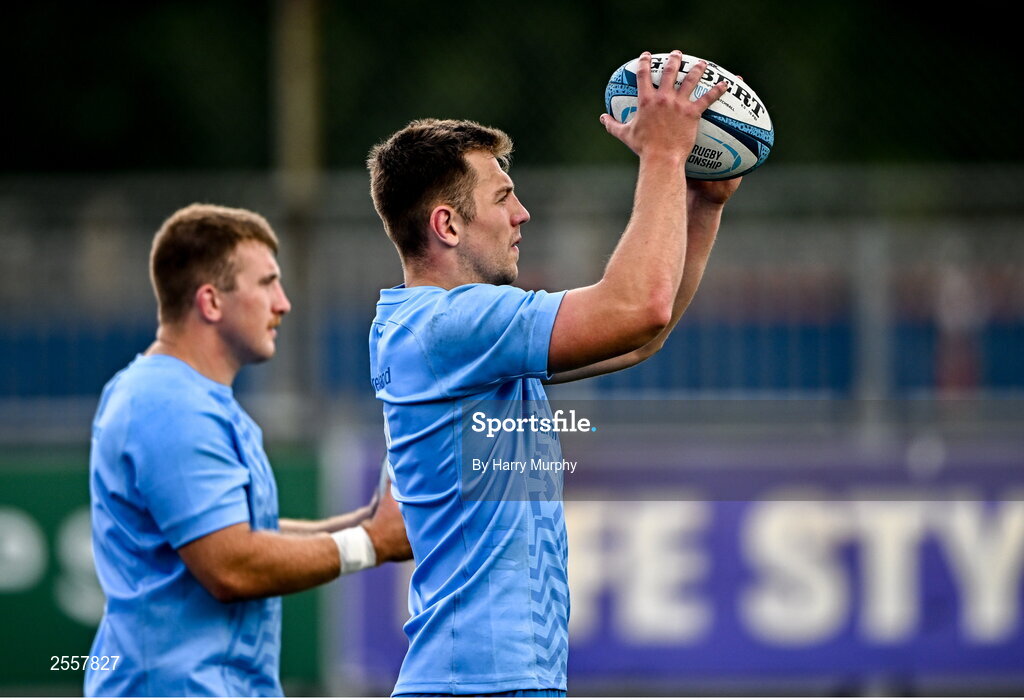 3 July 2023; Lee Barron, right, and John McKee during a Leinster Rugby squad training session at Energia Park in Dublin. Photo by Harry Murphy/Sportsfile