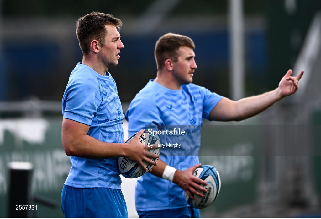 3 July 2023; Lee Barron, left, and John McKee during a Leinster Rugby squad training session at Energia Park in Dublin. Photo by Harry Murphy/Sportsfile