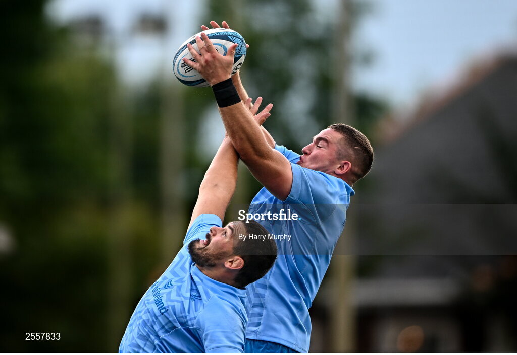 3 July 2023; Scott Penny, right, and Max Deegan during a Leinster Rugby squad training session at Energia Park in Dublin. Photo by Harry Murphy/Sportsfile