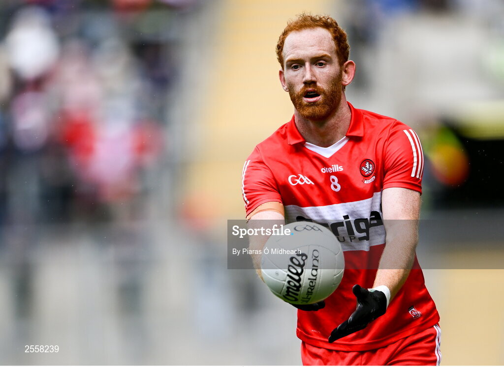 2 July 2023; Conor Glass of Derry during the GAA Football All-Ireland Senior Championship quarter-final match between Derry and Cork at Croke Park in Dublin. Photo by Piaras Ó Mídheach/Sportsfile