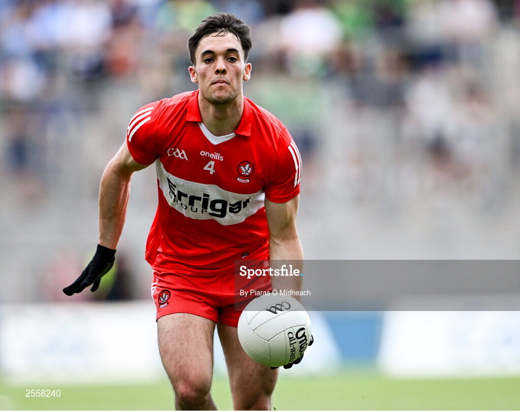 2 July 2023; Conor McCluskey of Derry during the GAA Football All-Ireland Senior Championship quarter-final match between Derry and Cork at Croke Park in Dublin. Photo by Piaras Ó Mídheach/Sportsfile