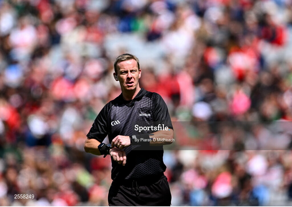 2 July 2023; Referee Joe McQuillan during the GAA Football All-Ireland Senior Championship quarter-final match between Derry and Cork at Croke Park in Dublin. Photo by Piaras Ó Mídheach/Sportsfile