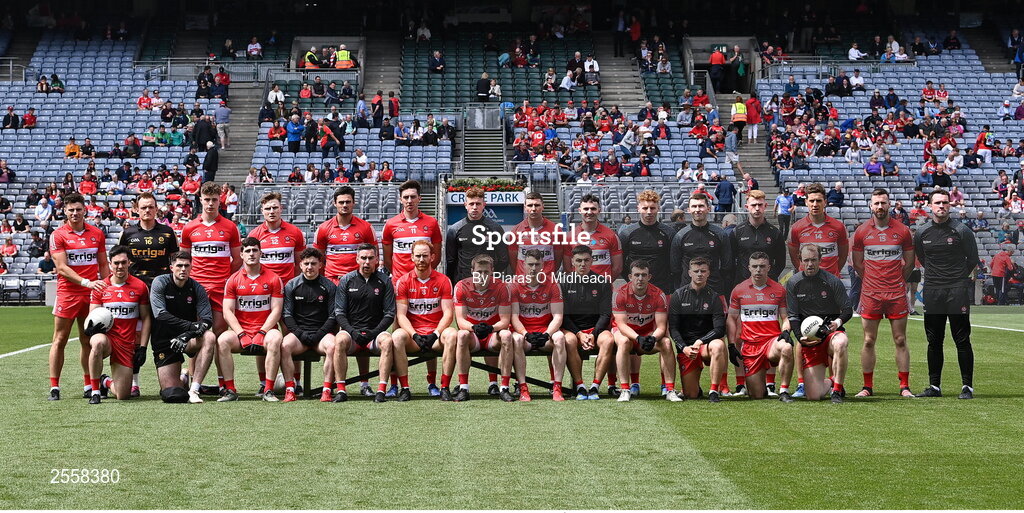 2 July 2023; The Derry squad before the GAA Football All-Ireland Senior Championship quarter-final match between Derry and Cork at Croke Park in Dublin. Photo by Piaras Ó Mídheach/Sportsfile