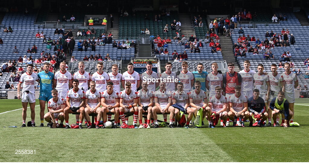 2 July 2023; The Cork squad before the GAA Football All-Ireland Senior Championship quarter-final match between Derry and Cork at Croke Park in Dublin. Photo by Piaras Ó Mídheach/Sportsfile
