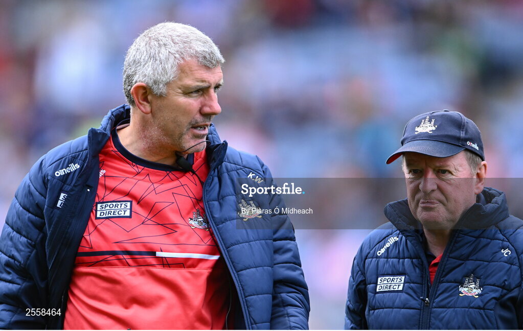2 July 2023; Cork manager John Cleary, right, and his selector Kevin Walsh leave the pitch after their side's defeat in the GAA Football All-Ireland Senior Championship quarter-final match between Derry and Cork at Croke Park in Dublin. Photo by Piaras Ó Mídheach/Sportsfile