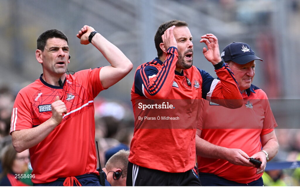 2 July 2023; Cork manager John Cleary, right, with his selectors Micheál Ó Cróinín, left, and James Loughrey during the GAA Football All-Ireland Senior Championship quarter-final match between Derry and Cork at Croke Park in Dublin. Photo by Piaras Ó Mídheach/Sportsfile