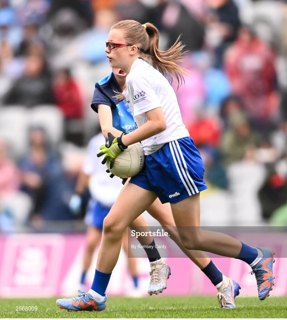 15 July 2023; Emily Nic an tSaoir, Gaelscoil Eoghain Uí Thuairisc, Carlow, representing Monaghan, during the INTO Cumann na mBunscol GAA Respect Exhibition Go Games at the GAA Football All-Ireland Senior Championship semi-final match between Dublin and Monaghan at Croke Park in Dublin. Photo by Ramsey Cardy/Sportsfile