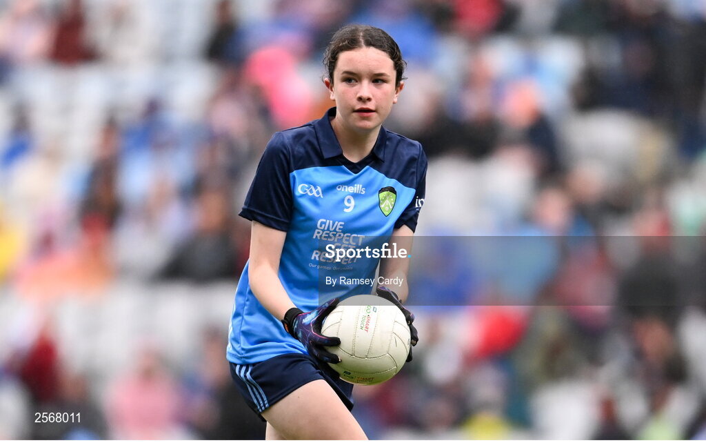 15 July 2023; Zoe Byrne, Clongeen NS, Foulkesmills, Wexford, representing Dublin, during the INTO Cumann na mBunscol GAA Respect Exhibition Go Games at the GAA Football All-Ireland Senior Championship semi-final match between Dublin and Monaghan at Croke Park in Dublin. Photo by Ramsey Cardy/Sportsfile