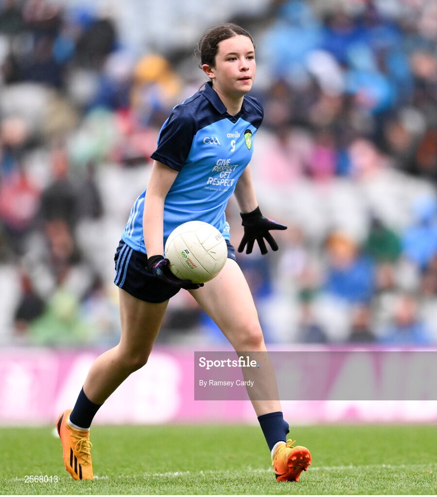 15 July 2023; Zoe Byrne, Clongeen NS, Foulkesmills, Wexford, representing Dublin, during the INTO Cumann na mBunscol GAA Respect Exhibition Go Games at the GAA Football All-Ireland Senior Championship semi-final match between Dublin and Monaghan at Croke Park in Dublin. Photo by Ramsey Cardy/Sportsfile