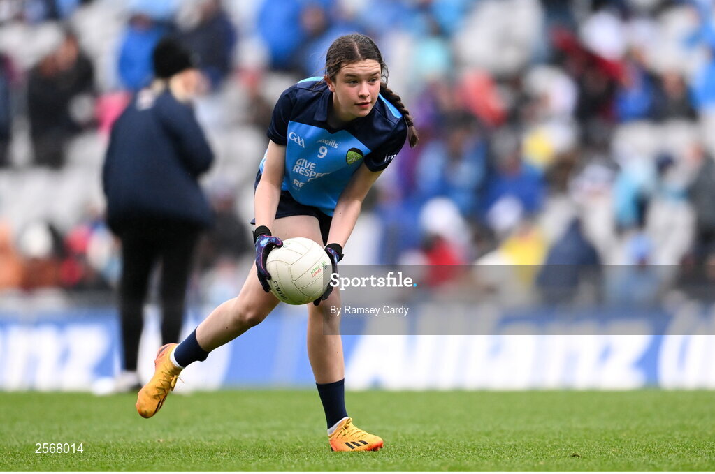 15 July 2023; Zoe Byrne, Clongeen NS, Foulkesmills, Wexford, representing Dublin, during the INTO Cumann na mBunscol GAA Respect Exhibition Go Games at the GAA Football All-Ireland Senior Championship semi-final match between Dublin and Monaghan at Croke Park in Dublin. Photo by Ramsey Cardy/Sportsfile